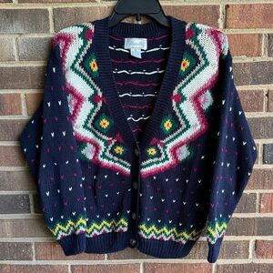 Vintage Navy Patterned Cardigan Sweater with Multicolor Fair Isle